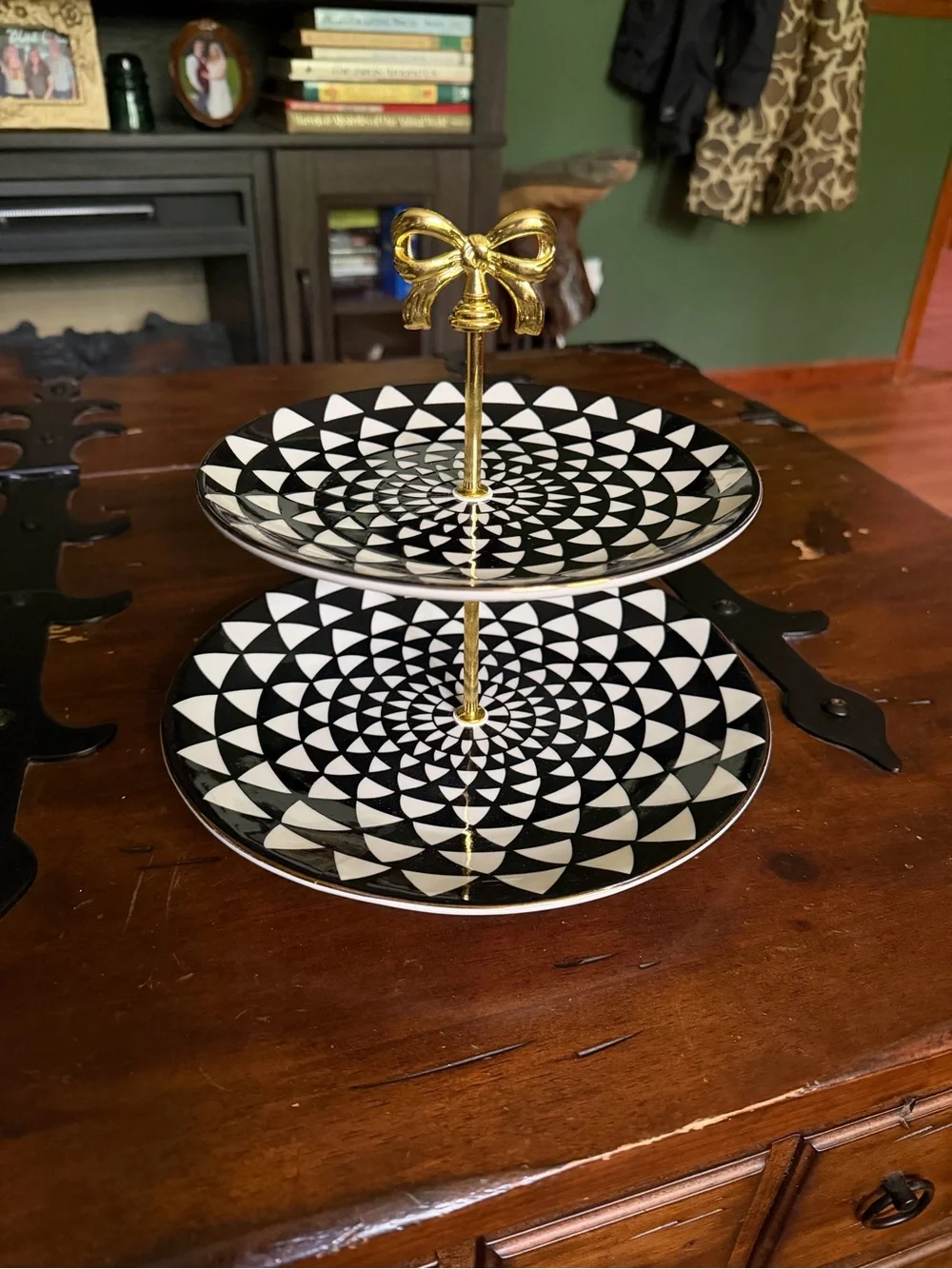 Black & White Geometric Two-Tier Serving Stand with Gold Bow Handle - Handmade